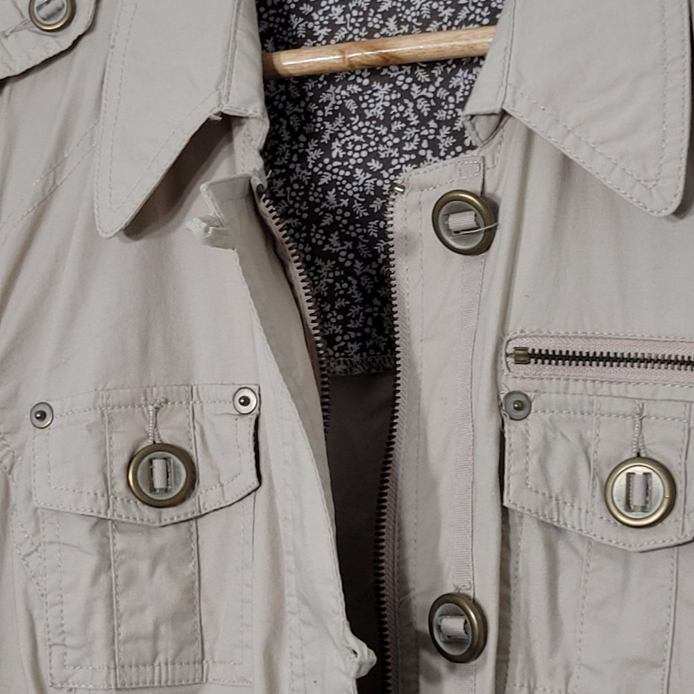 Studio Mode Womens Utility Jacket Pockets Cotton Blend Button Khaki Tan Large - Picture 9 of 12